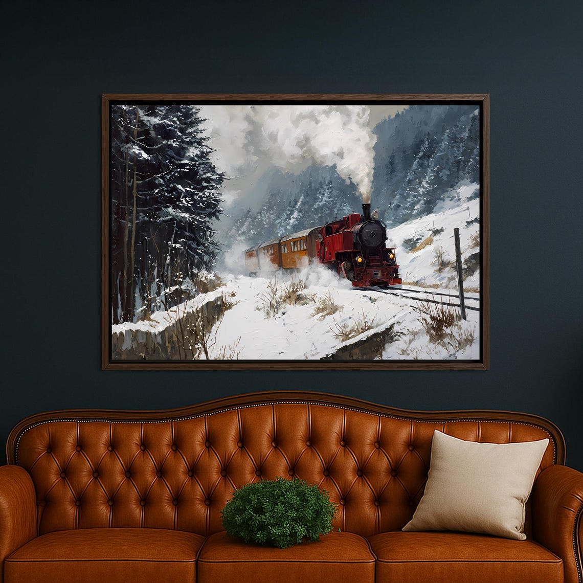Red Steam Train Chugging Through Snowy Mountain Valley Poster