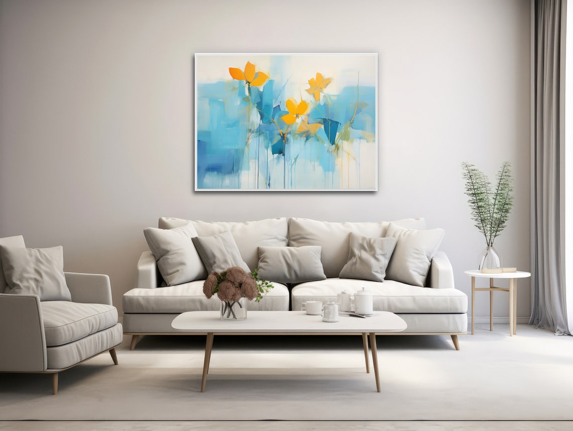 Abstract Blue Wash Yellow Flowers Impressionist Floral Art Poster - Image 3