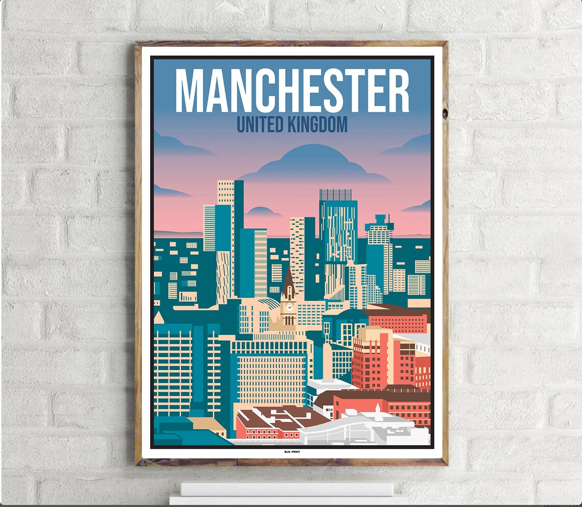 Downtown Manchester Vintage Travel Poster