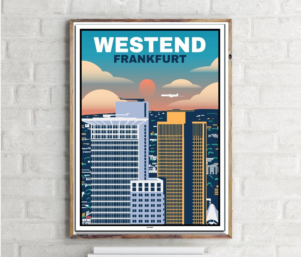 Westend Frankfurt Germany Retro Skyline Sunset Vintage Travel Poster