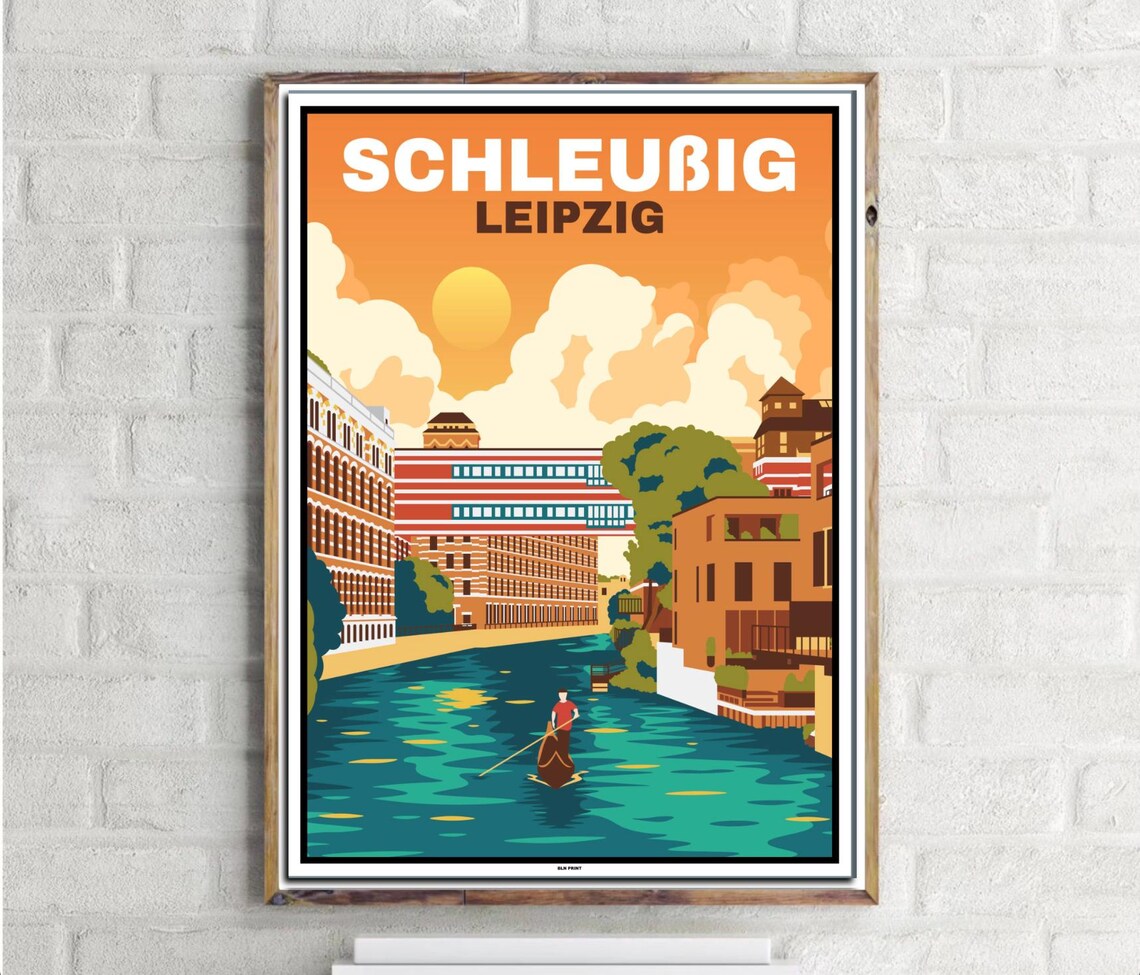 Schleußig Leipzig Vintage Retro Canal Sunset Art Travel Poster
