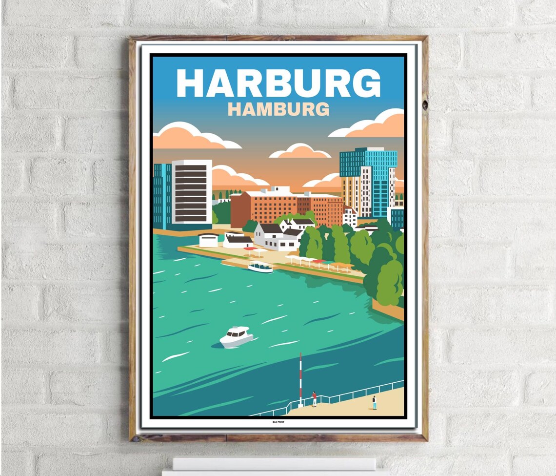Harburg Hamburg Retro Harbor Skyline Vintage City Travel Poster