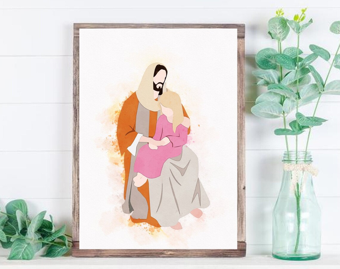 Jesus Seated With a Girl in Pink Dress on His Lap Watercolor Poster