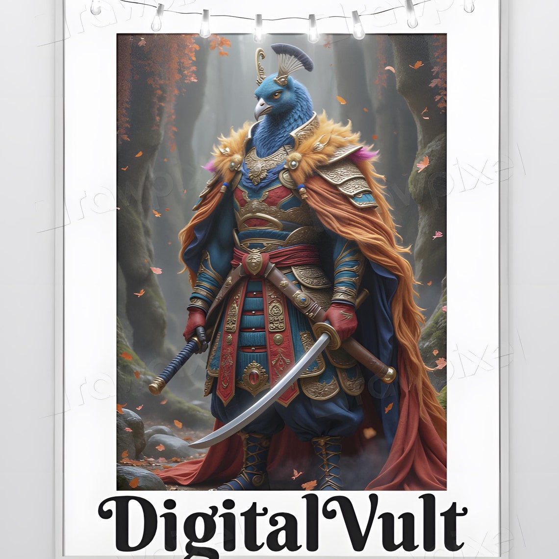 Armored Peacock Warrior with Drawn Sword in an Autumn Forest Poster - Image 7