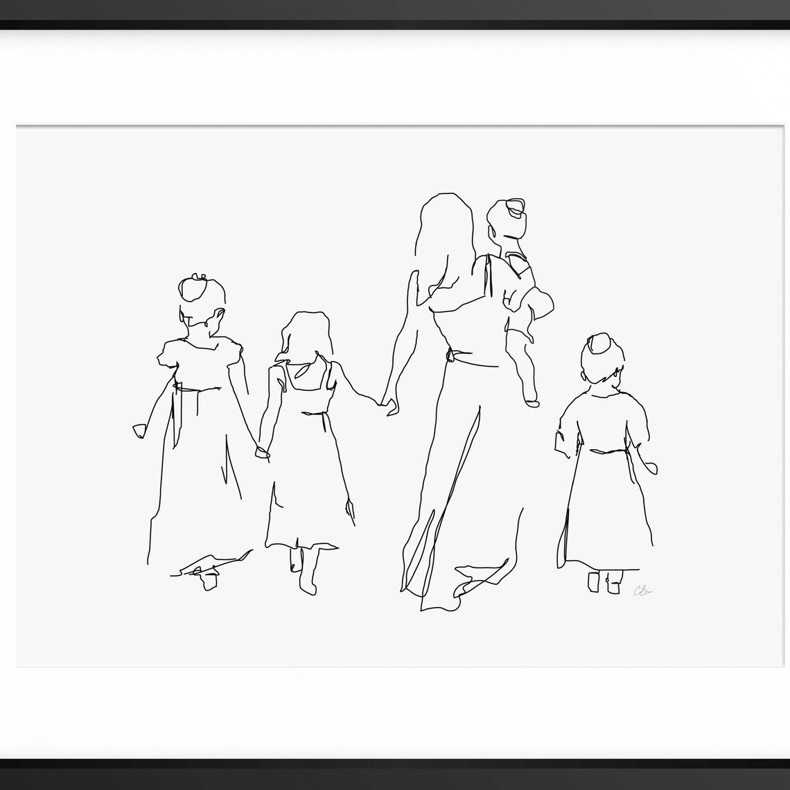 Mother with Four Children Walking Away Hand in Hand Line Art Poster