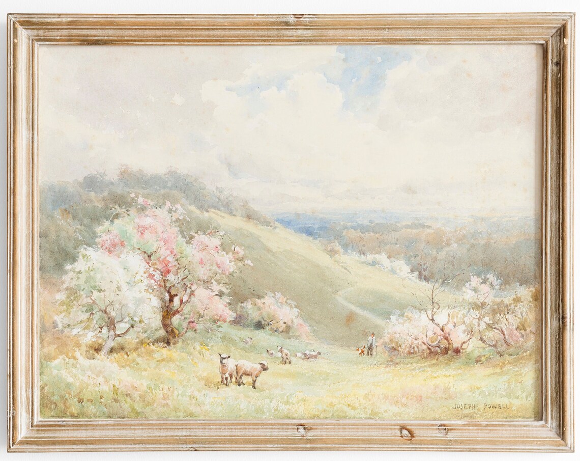 Spring Hillside Blossom Trees Sheep Watercolor Landscape Poster