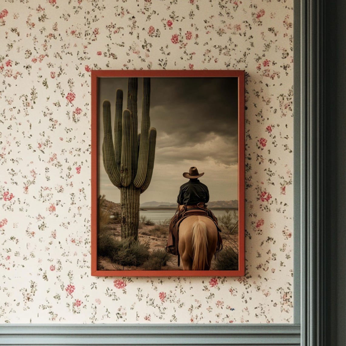 Lone Cowboy Rider Beneath Giant Saguaro Cactus Desert Poster