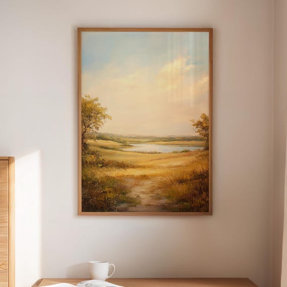 Golden Meadow River, Vintage Countryside Landscape