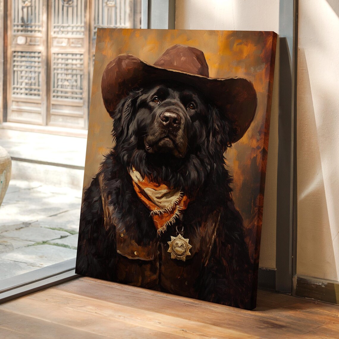 Black Newfoundland Dog Cowboy Sheriff Portrait Hat Scarf Badge Poster