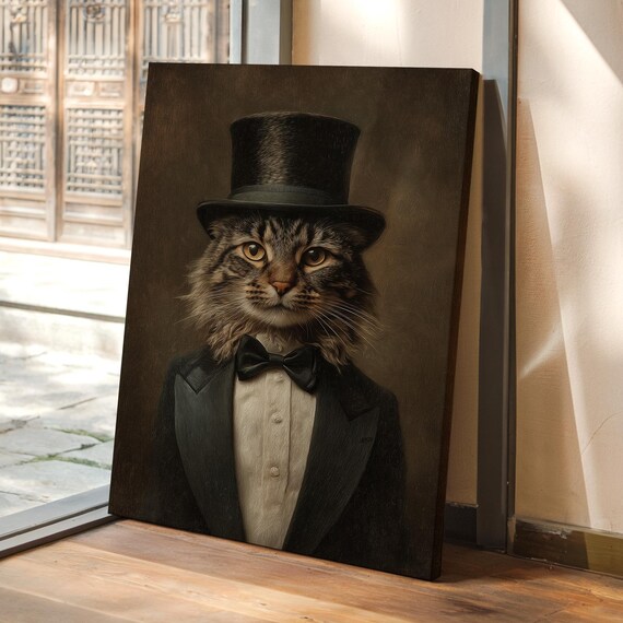 Dapper Tabby Cat in Tuxedo Bow Tie and Top Hat Victorian Portrait Poster