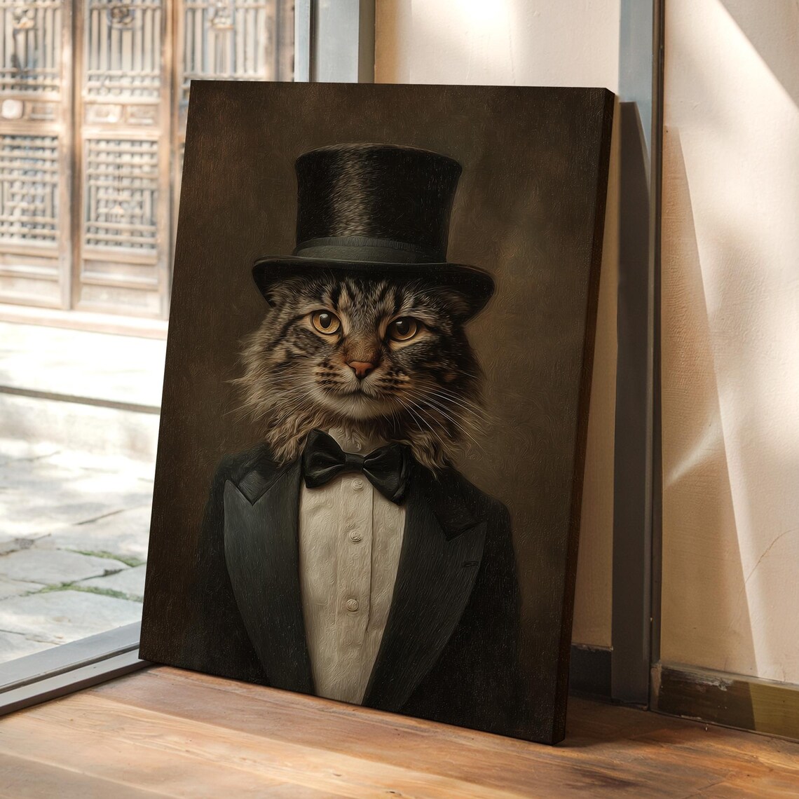 Dapper Tabby Cat in Tuxedo Bow Tie and Top Hat Victorian Portrait Poster
