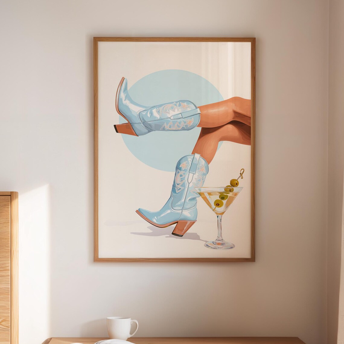 Retro Cowgirl Blue Western Boots With Martini Glass Wall Art