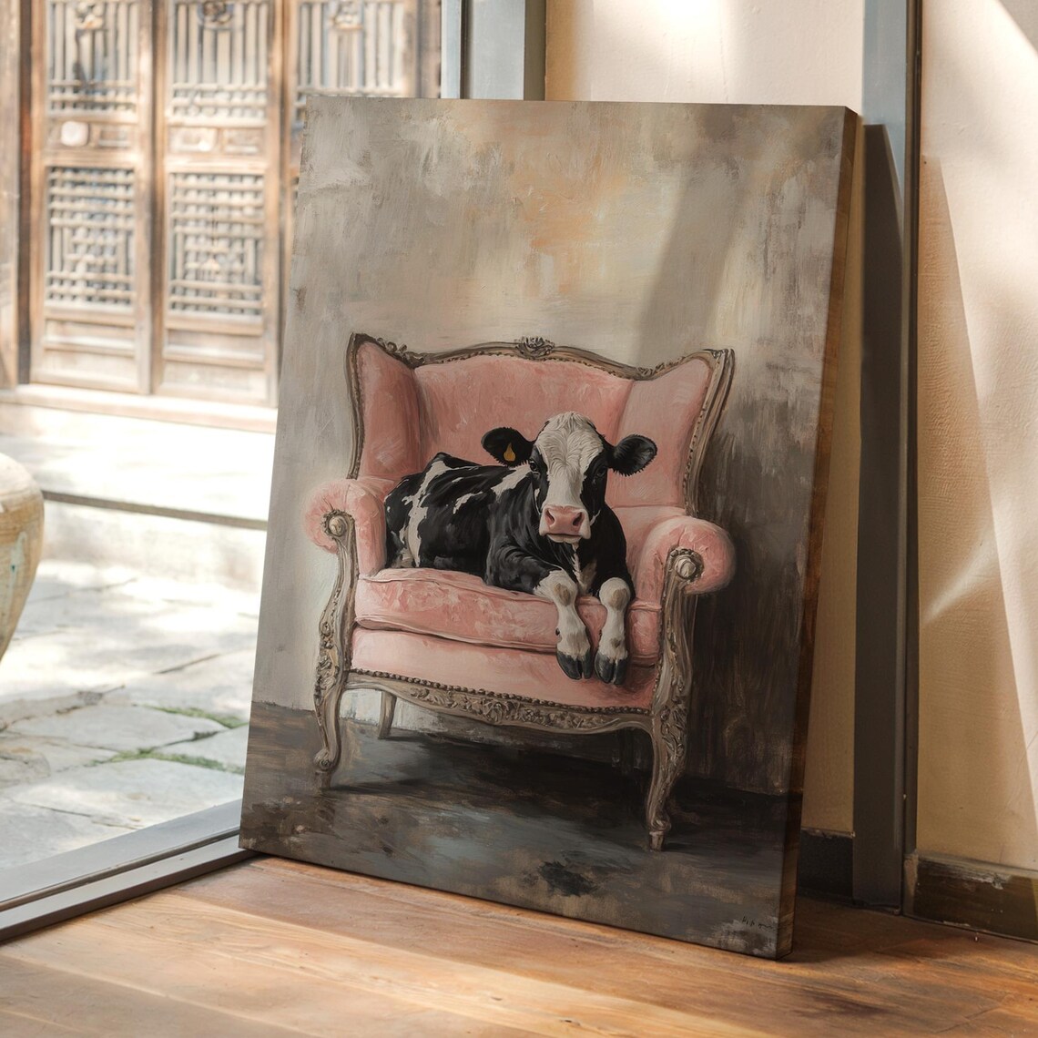 Baby Cow Calf Resting on Vintage Pink Armchair Whimsical Poster
