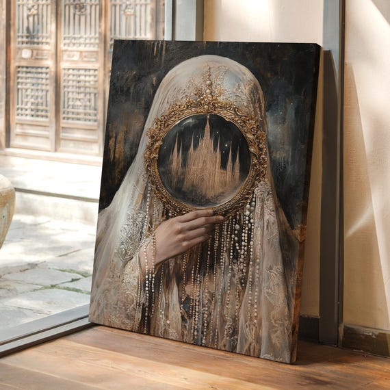 Gothic Cathedral Mirror Canvas Art Veiled Woman In Lace Holding Gold Frame Reflecting Vintage Mystical Wall Decor