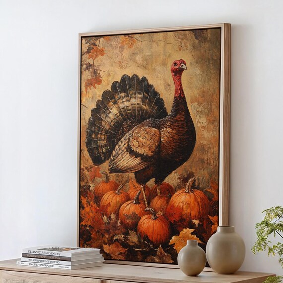 Autumn Turkey With Orange Pumpkins Thanksgiving Harvest Art Poster