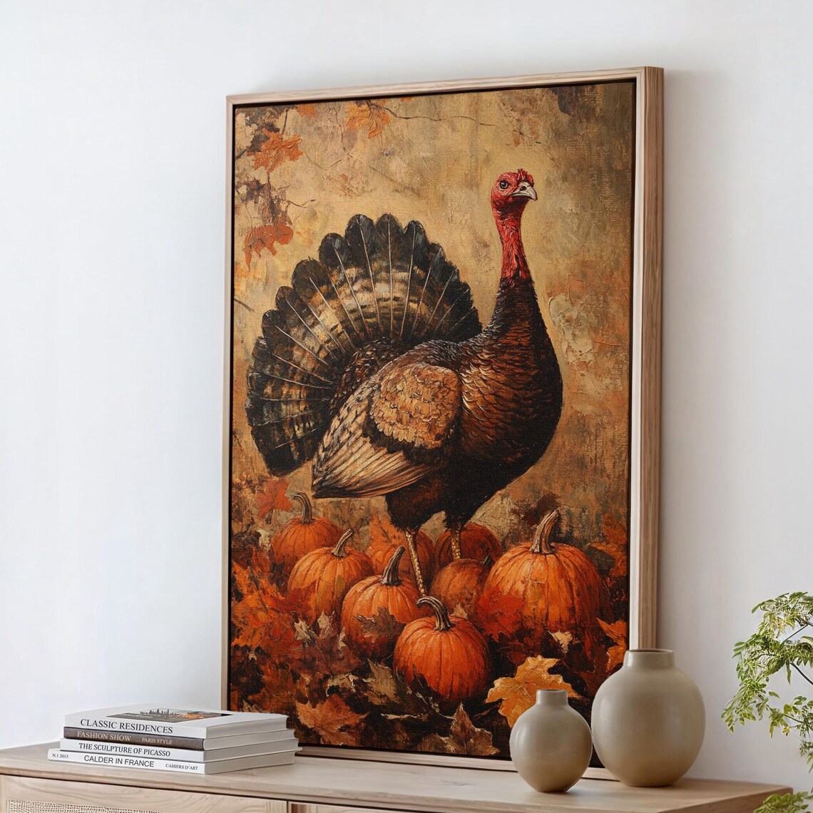 Autumn Turkey With Orange Pumpkins Thanksgiving Harvest Art Poster
