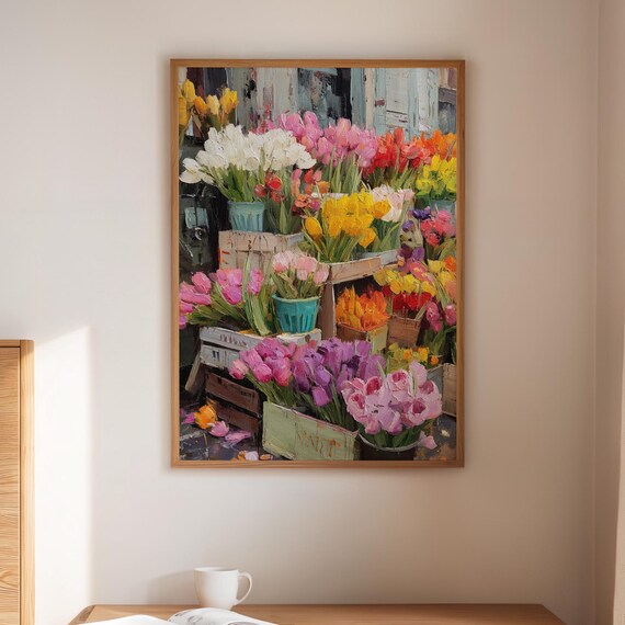 Colorful Tulip Market Flower Stall Vintage Oil Painting Floral Poster