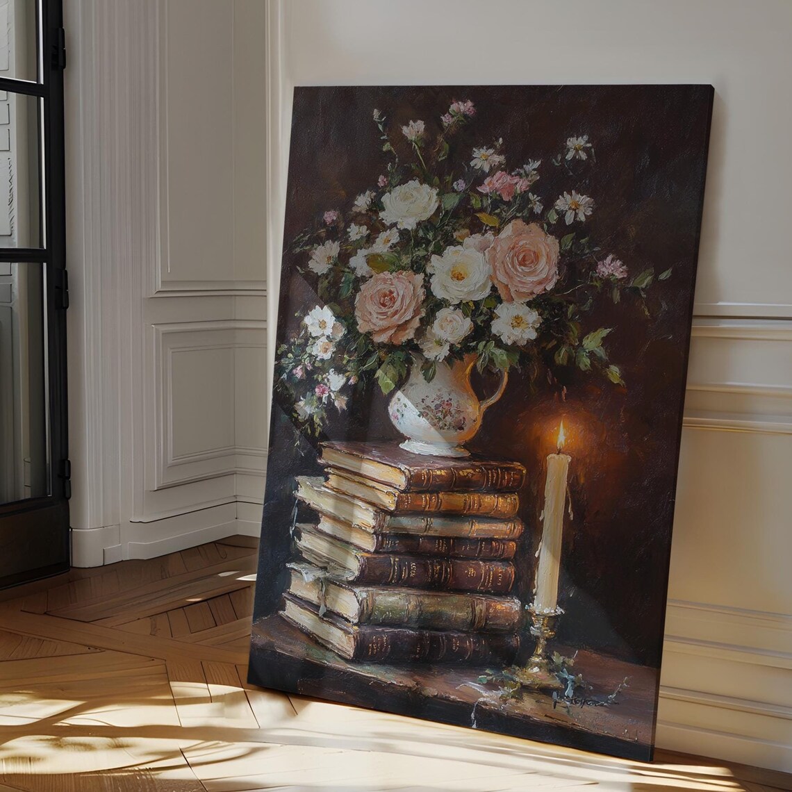 Vintage Roses and Candlelight Floral Bouquet on Antique Books Poster