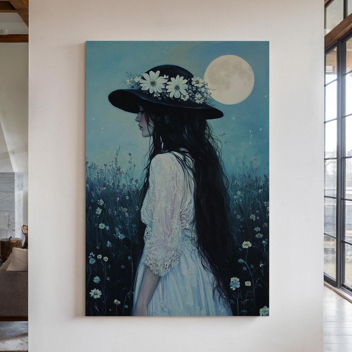 Woman in Daisy Trimmed Hat Walking Moonlit Wildflower Meadow Poster