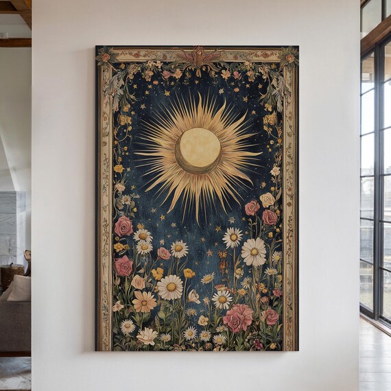 Vintage Celestial Sun and Floral Boho Art Print
