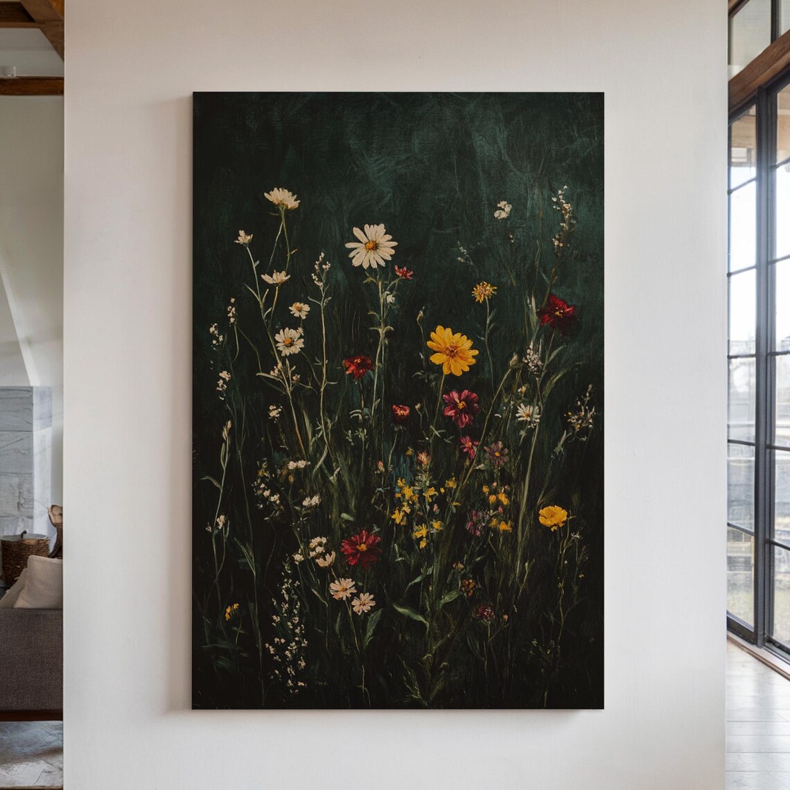 Dark Moody Wildflower Meadow Vertical Bloom Oil Painting Poster