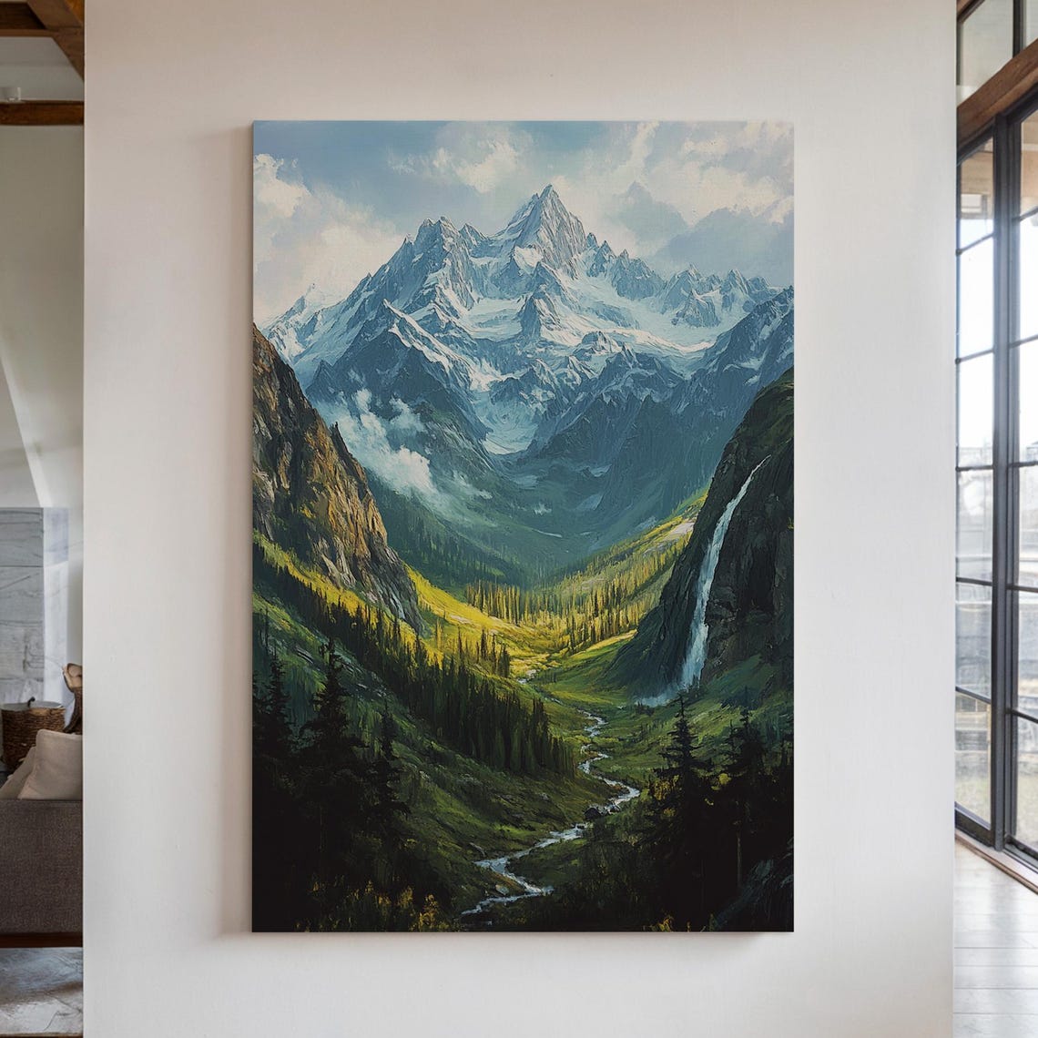 Mountain Landscape With Waterfall Snowy Peaks And Lush Valley Nature Scenic Print Majestic Wilderness Art