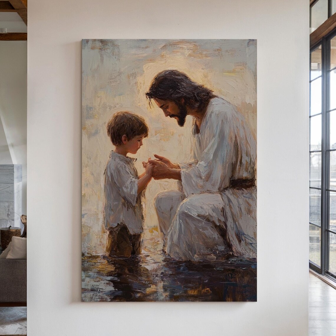Jesus Blessing a Young Child Kneeling Together in Water Poster