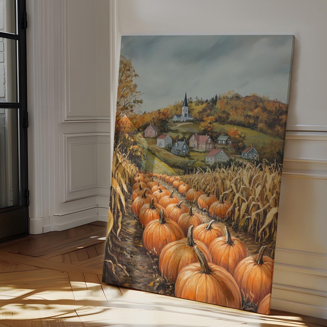 Rustic Pumpkin Patch Rows Beneath Village Church Hill Fall Landscape Poster