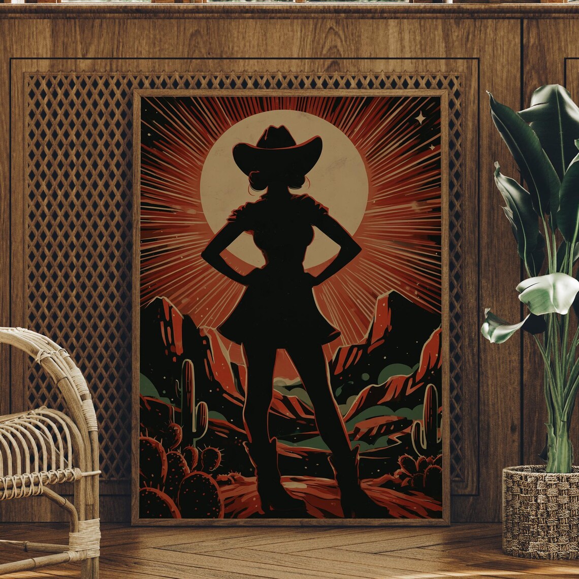 Cowgirl Silhouette Under Desert Moon Red Canyon Western Poster