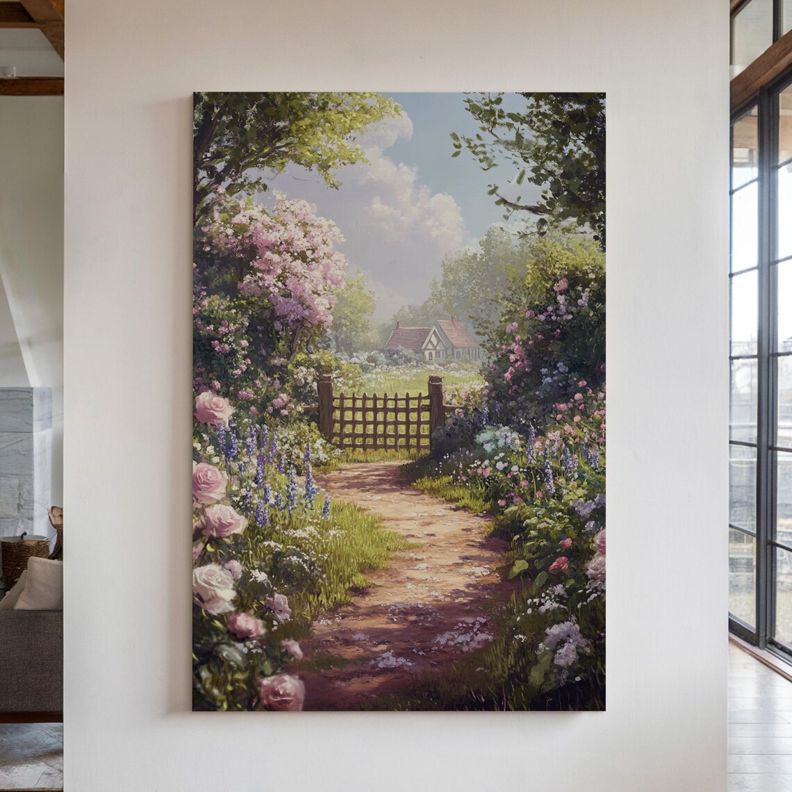 English Cottage Garden Path With Roses Romantic Painting Poster