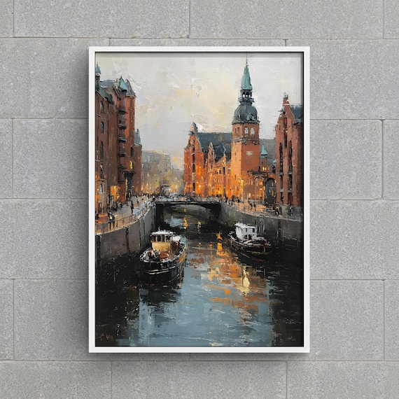 Hamburg Speicherstadt Art Print Germany Canal Cityscape Painting European Night Lights Travel Instant