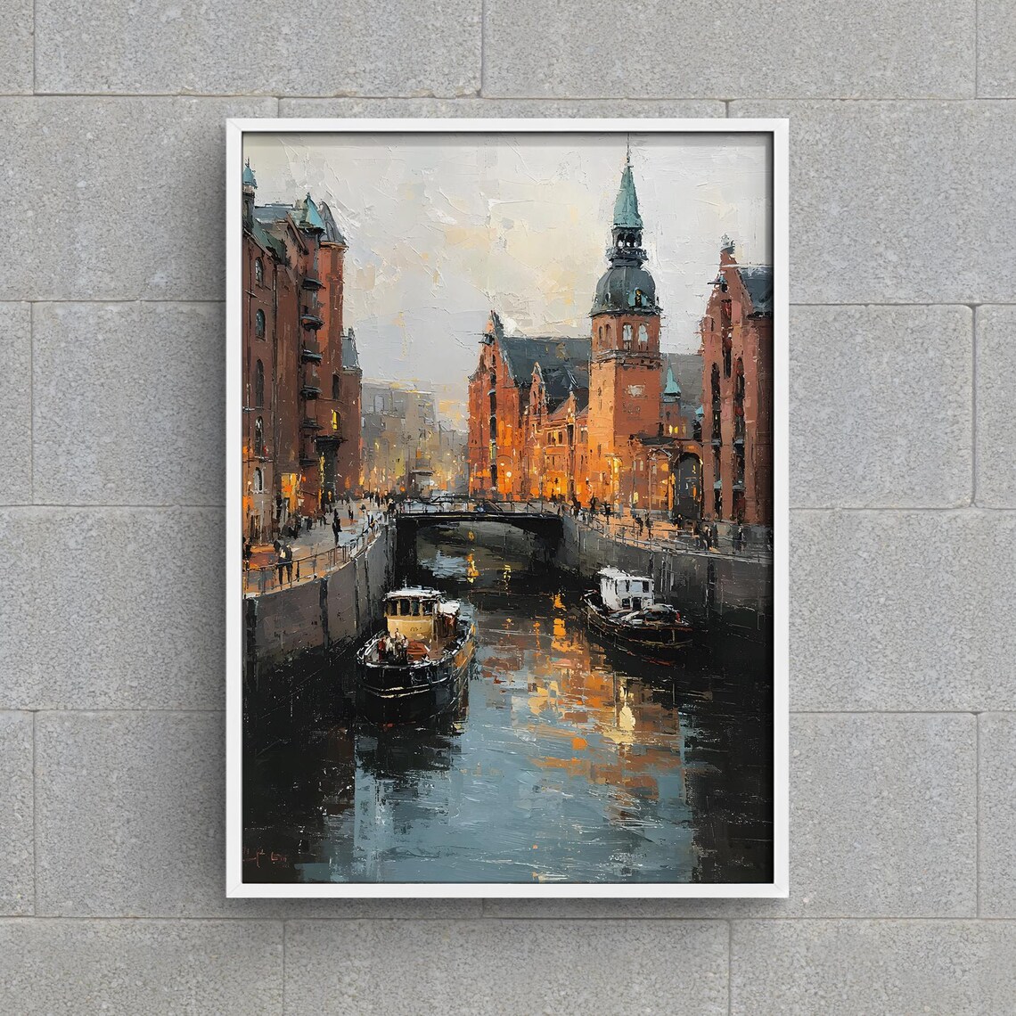 Hamburg Speicherstadt Canal Night Boats Brick Warehouse Poster