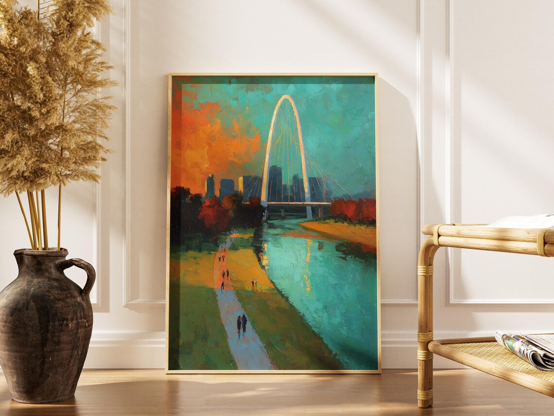 Dallas Margaret Hunt Hill Bridge Trinity River Sunset Painting Poster