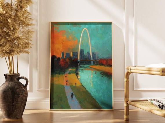 Dallas Margaret Hunt Hill Bridge Art Print Texas Trinity River Skyline Painting Iconic Arch Wall Decor Usa Travel