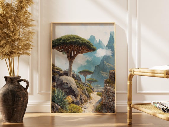 Socotra Island Yemen Wall Art Dragon Blood Tree Oil Painting Exotic Nature Landscape Print Botanical Decor