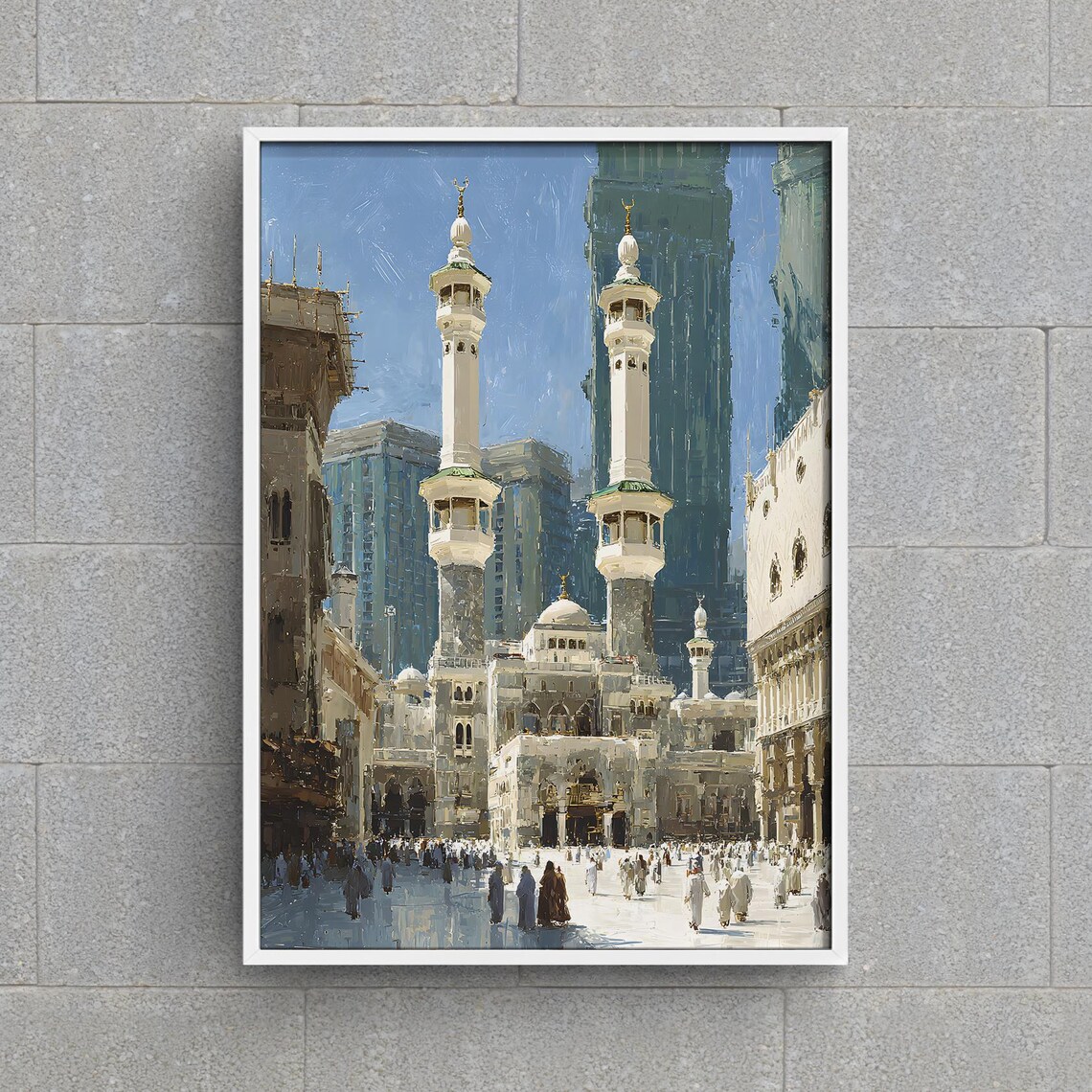 Mecca Grand Mosque Minarets Pilgrims Painting Saudi Arabia Poster
