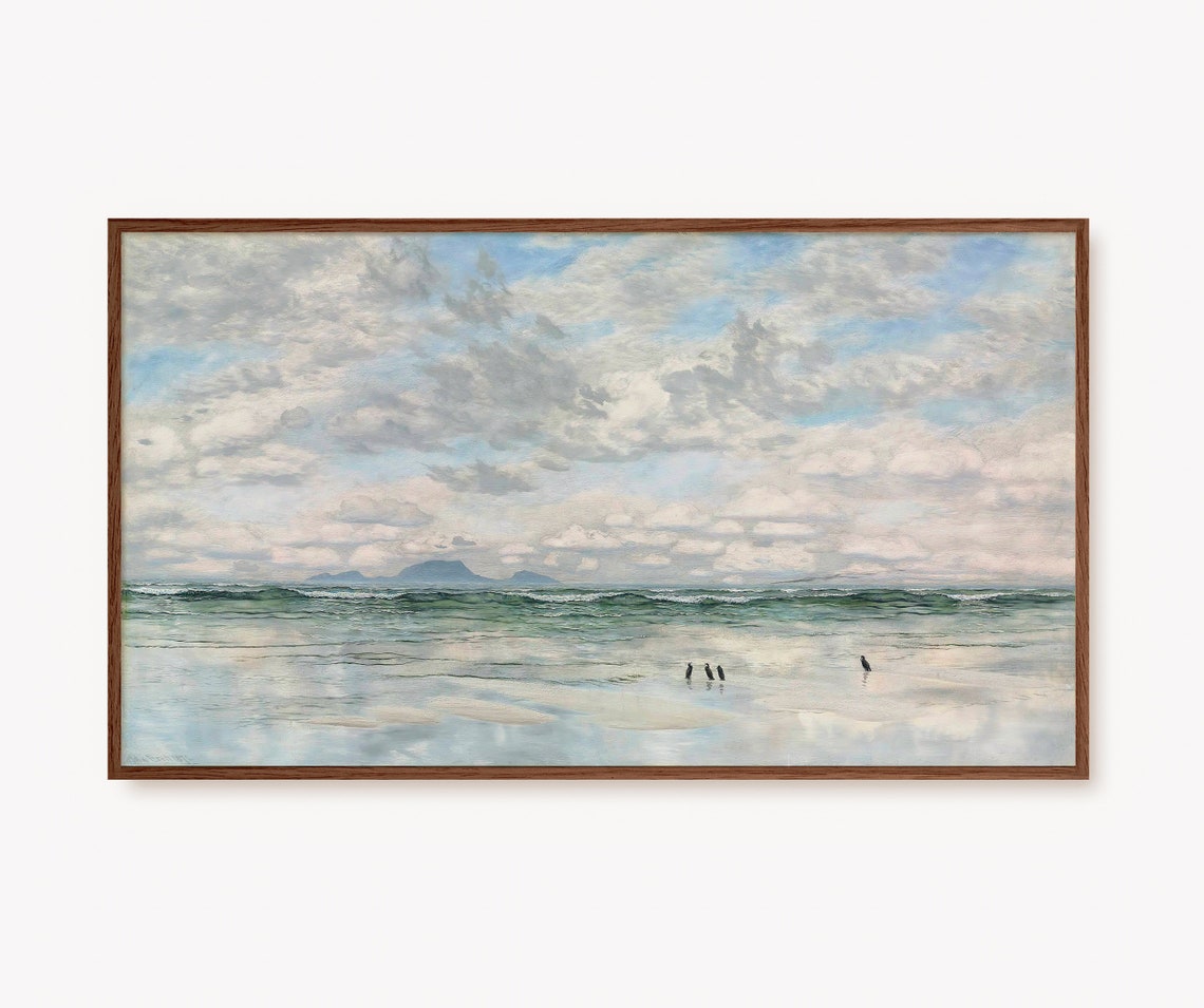 Cloudy Vintage Coastal Seascape with Seabirds Calm Art Poster