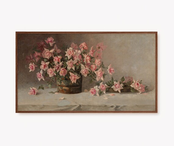 Pink Roses Still Life Vintage Floral Oil Painting Art Poster