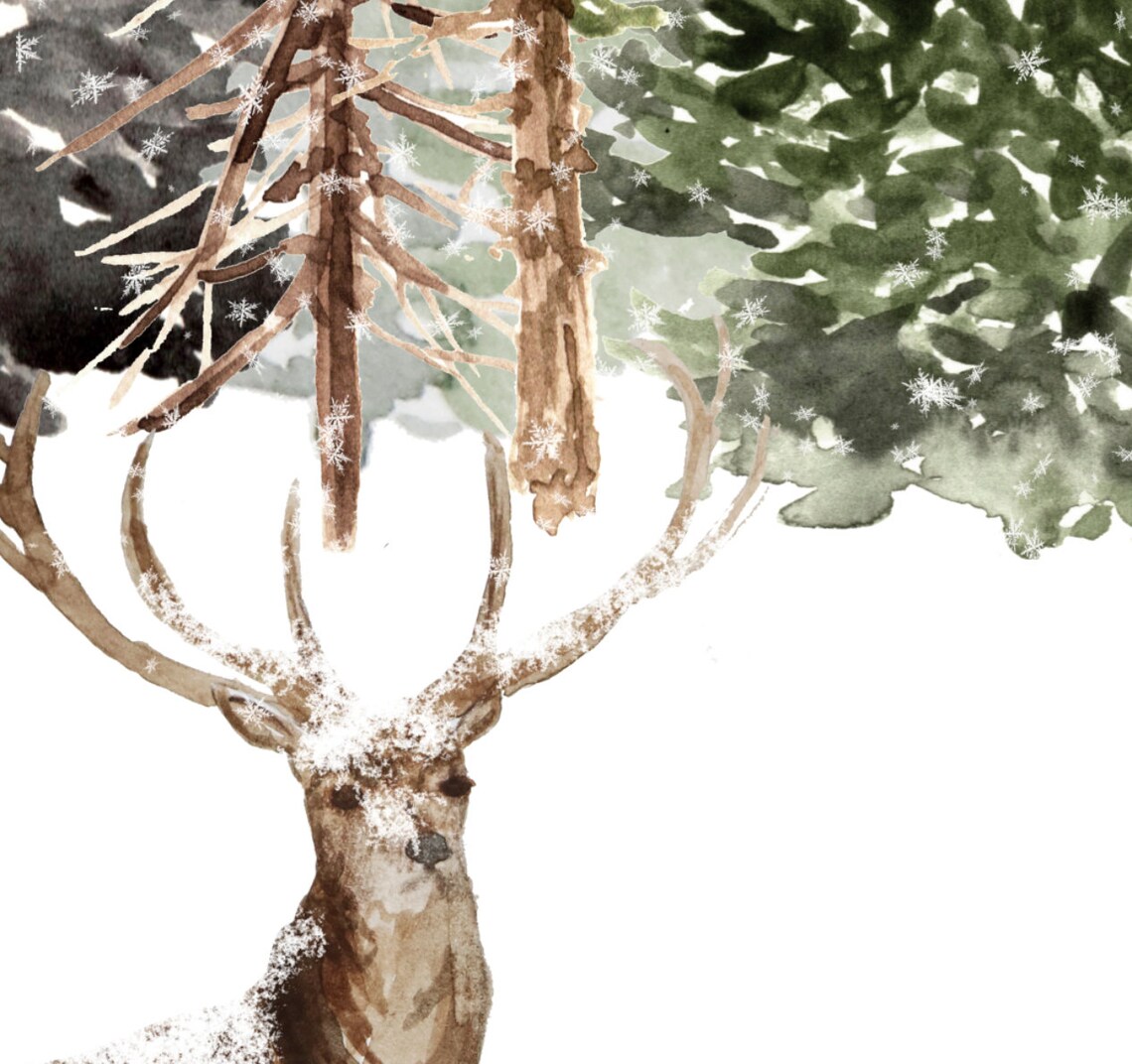 Winter Deer Pine Tree Antlers Watercolor Snowy Forest Art Print - Image 2