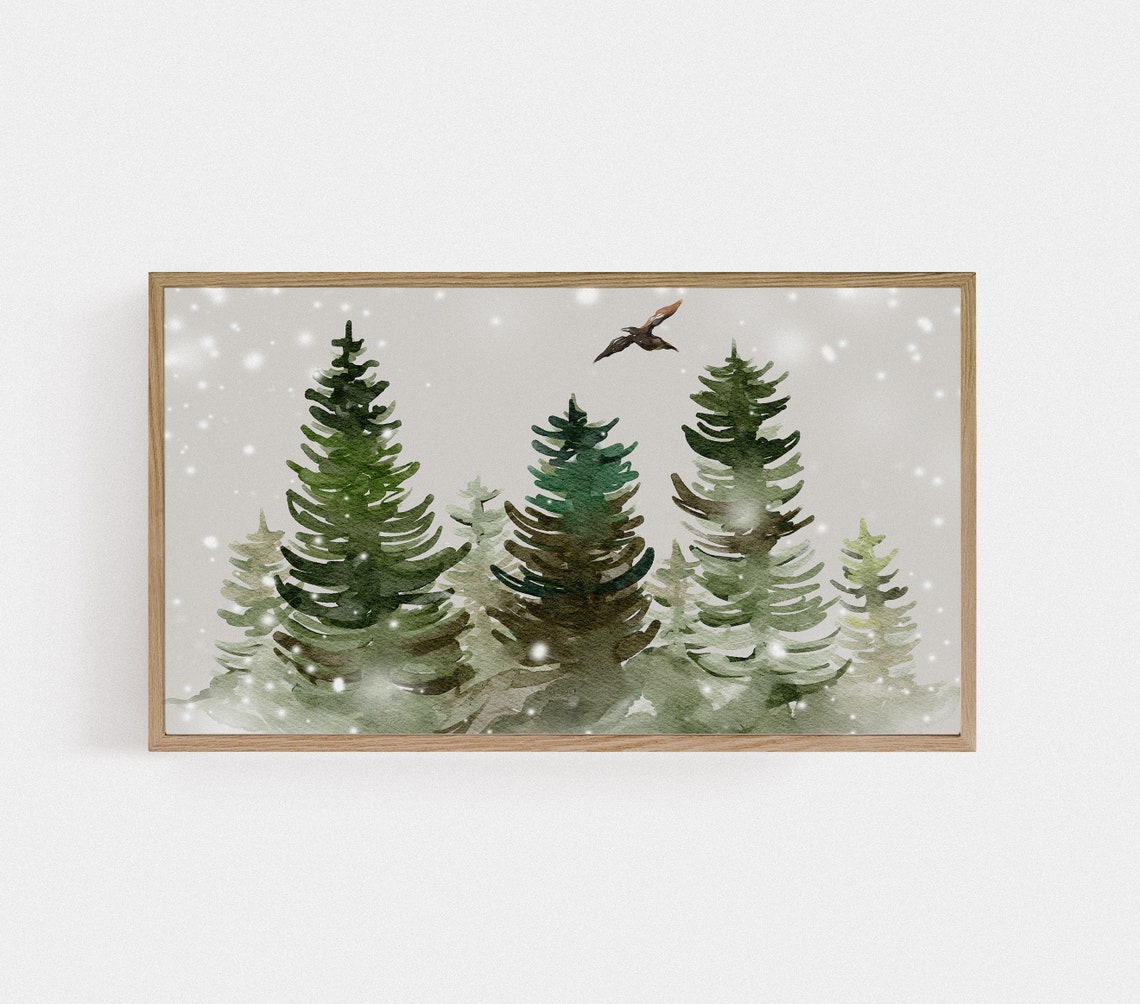 Christmas Pine Tree Watercolor Snowfall Forest Bird Scene Poster - Image 2