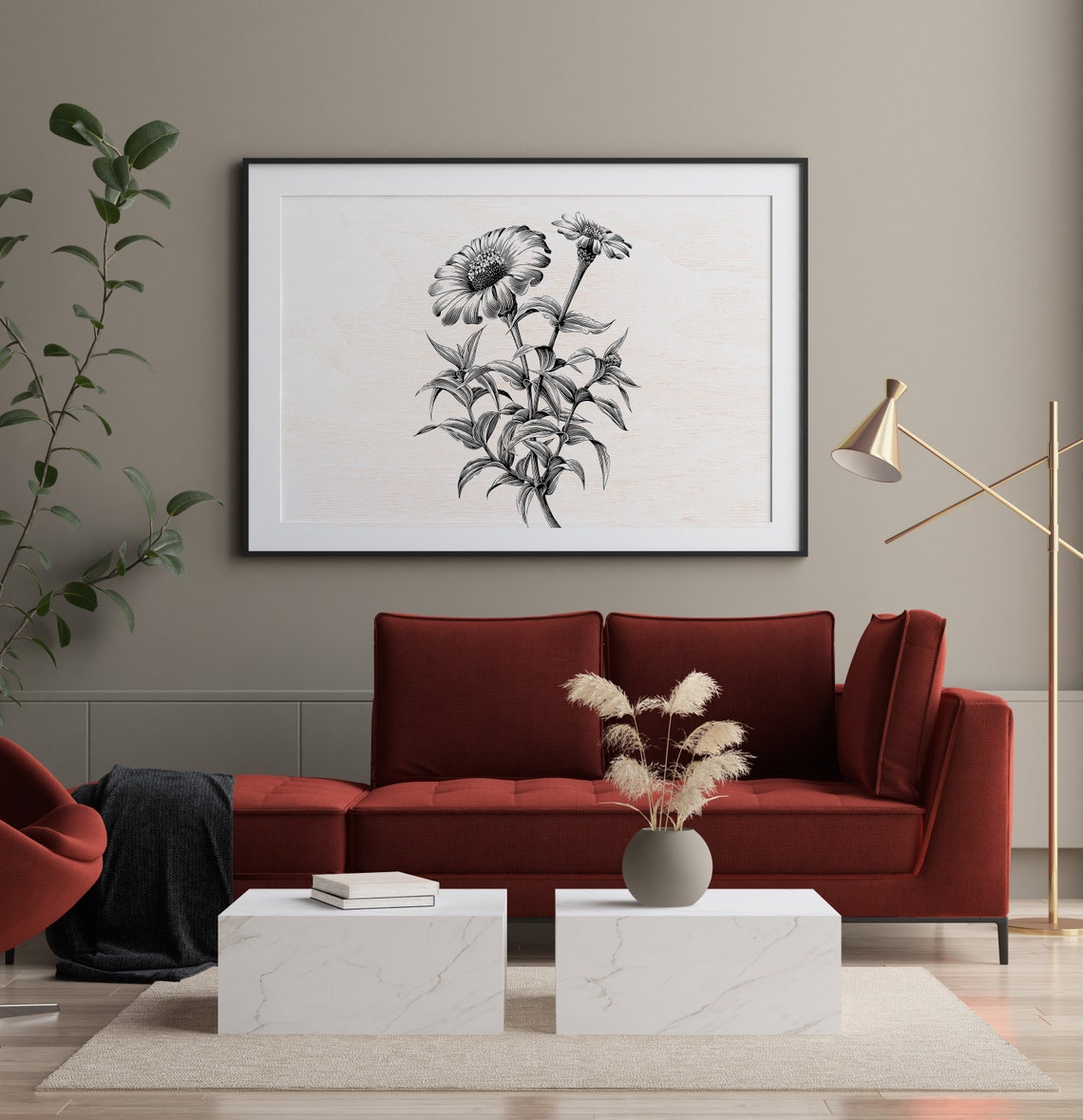 Gerbera Daisy Botanical Sketch Vintage Floral Line Art Poster - Image 2