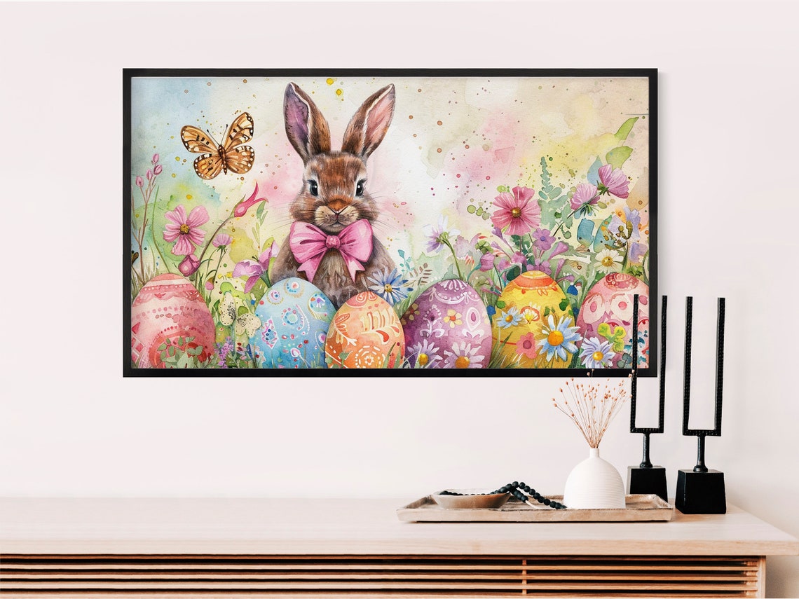 Easter Bunny with Pink Bow Tie Painted Eggs Watercolor Poster - Image 2