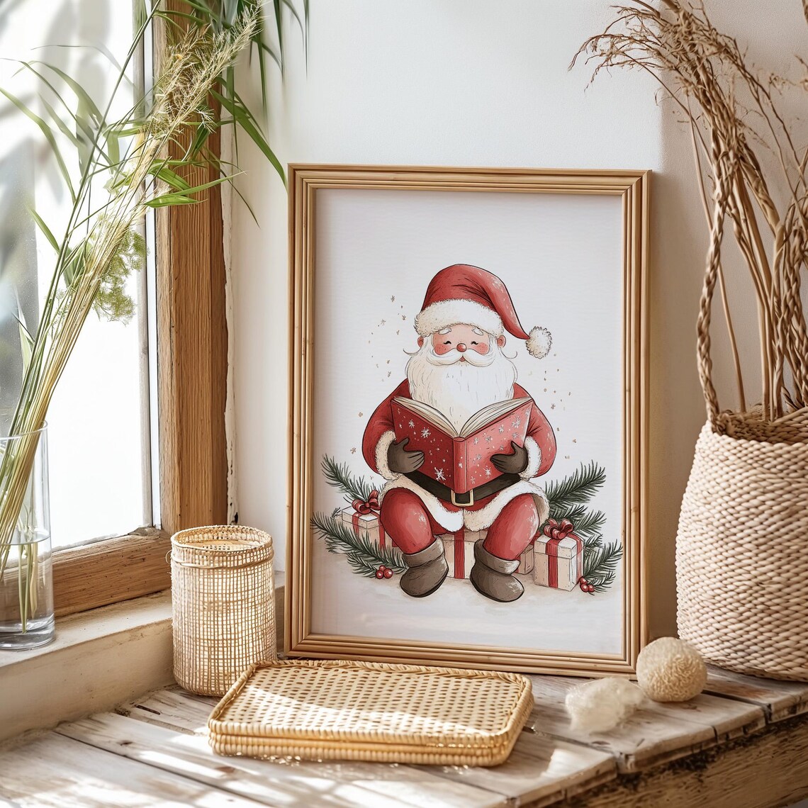 Cute Santa Claus Reading Storybook Watercolor Magical Christmas Poster - Image 2