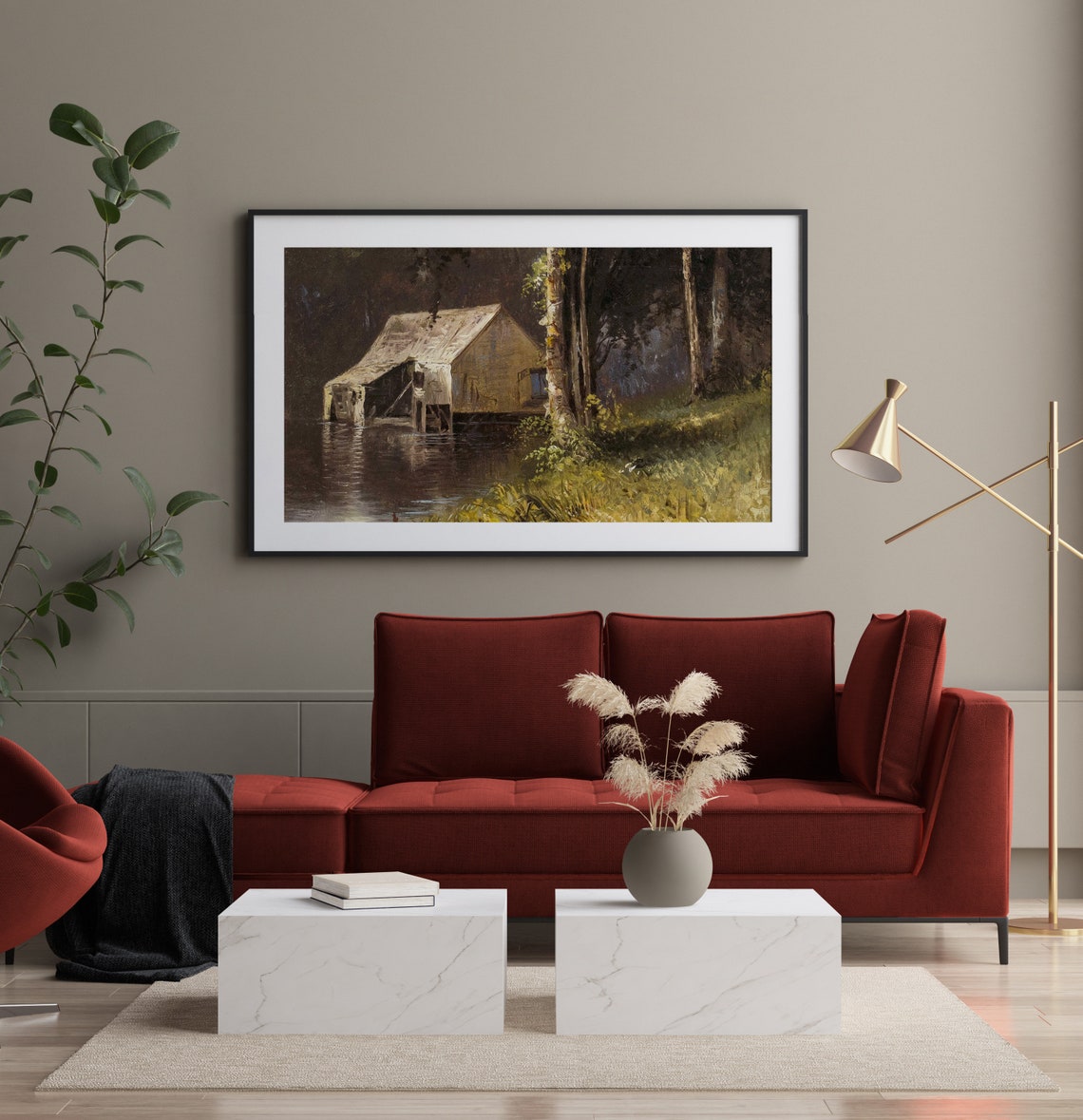 Rustic Lakeside Boathouse Vintage Oil Painting Wall Art Decor - Image 2