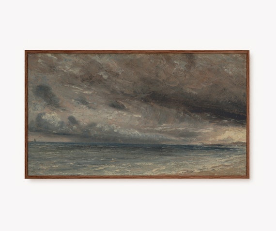 Frame Tv Wall Art Fall Tv Art Autumn Tv Art Dark Clouds Moody Beach Coastal Landscape Painting Vintage Rough Sea Artwork