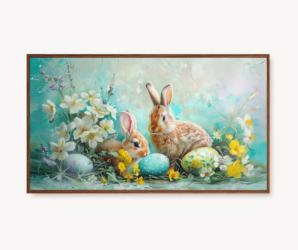 Two Easter Bunnies with Painted Eggs Pastel Spring Painting Poster