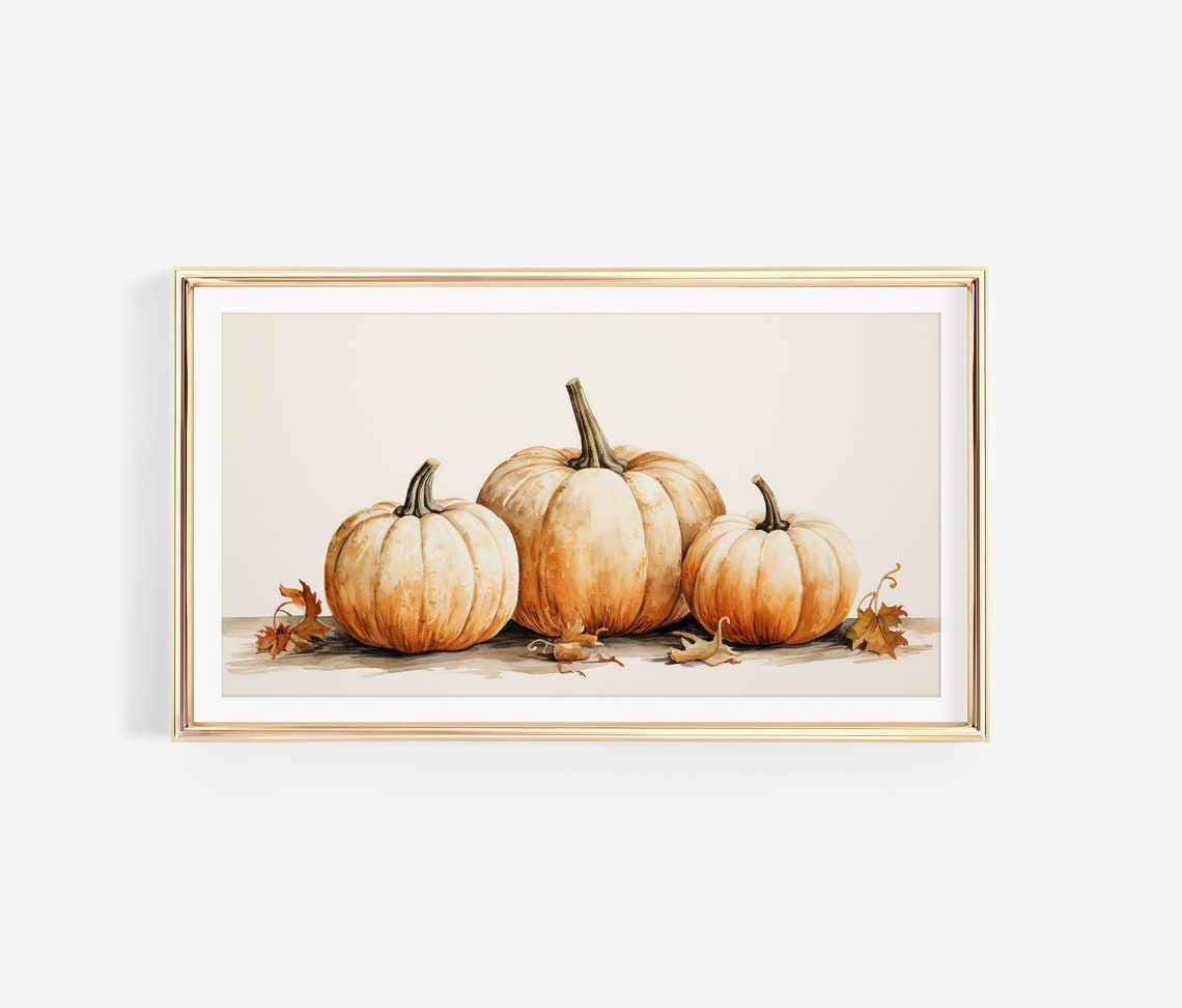 Three White Pumpkins Fall Harvest Scene Watercolor Autumn Art Poster - Image 2