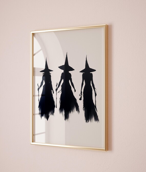 Spooky Halloween Witches Silhouette Trio Broomsticks Art Poster