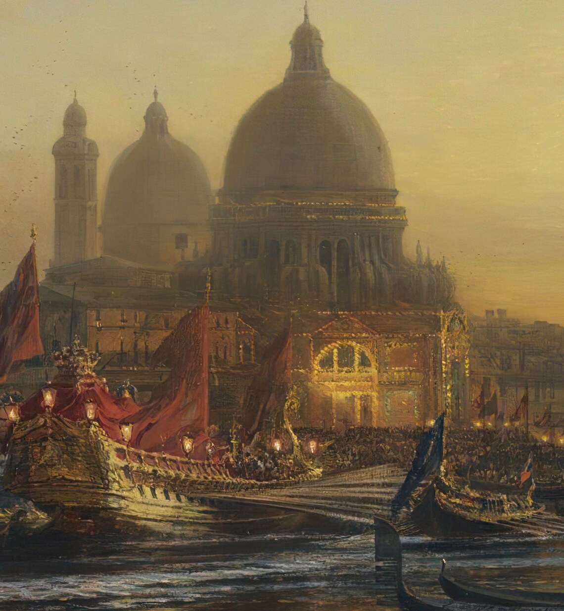 Venice Grand Canal At Dusk Vintage Oil Painting Gondolas Print - Image 2