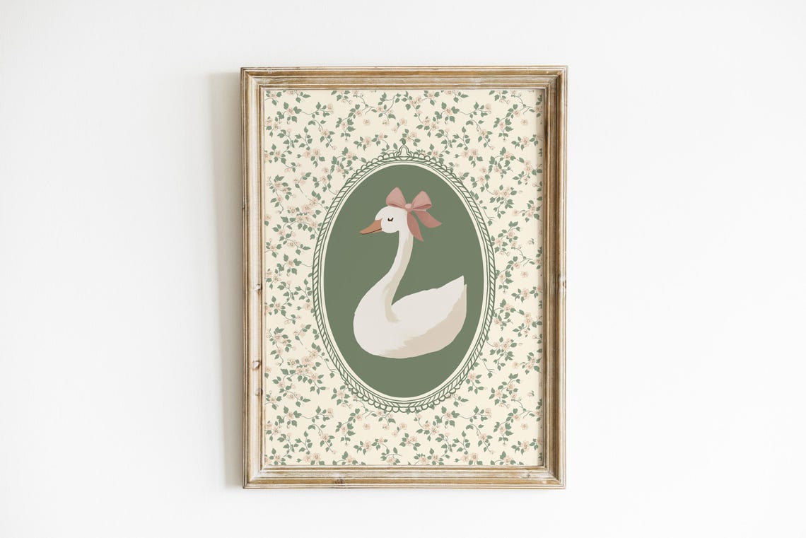 Vintage Swan Nursery Print Grandmillenial Coquette Aesthetic Poster Trendy Apartment Decor Pink Bow Baby Girl Room Cottagecore Art